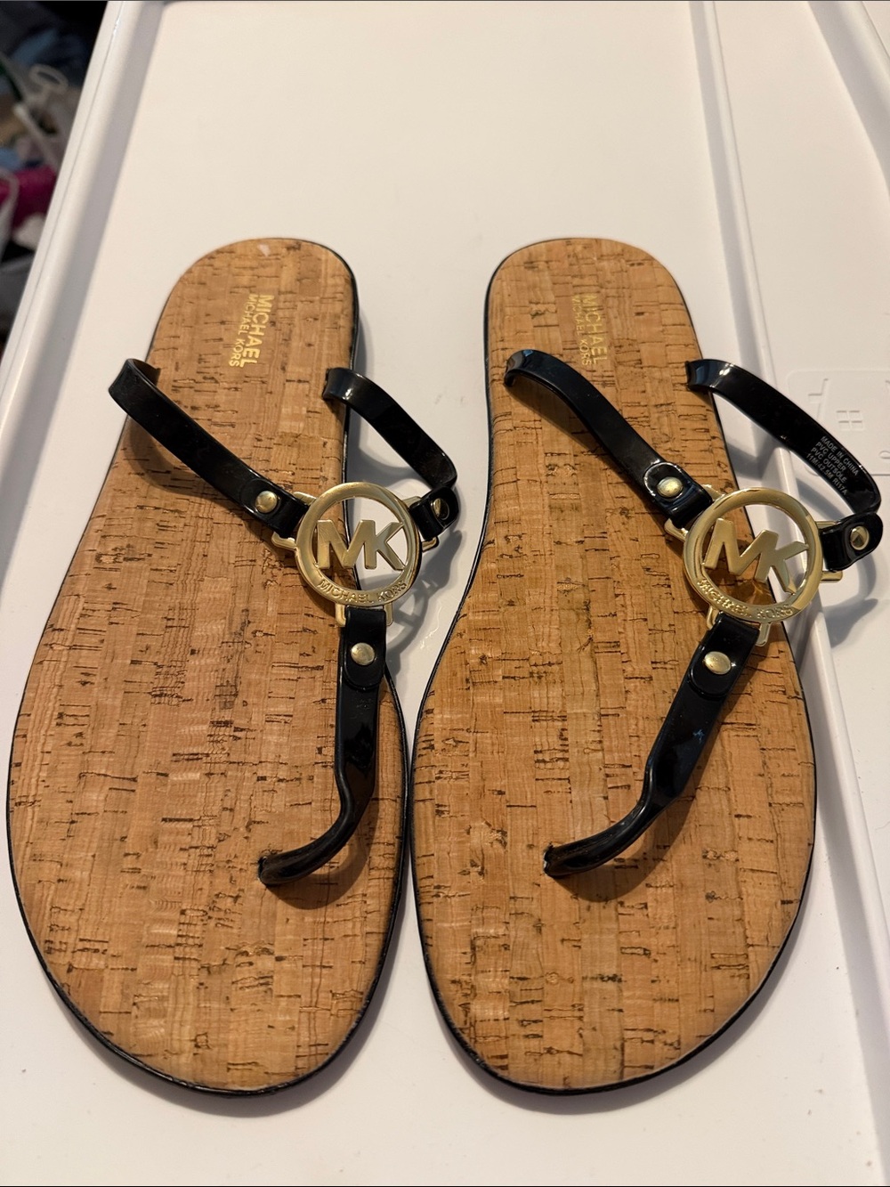 Michael Kors Black Patent Thong Sandals with Gold MK Logo